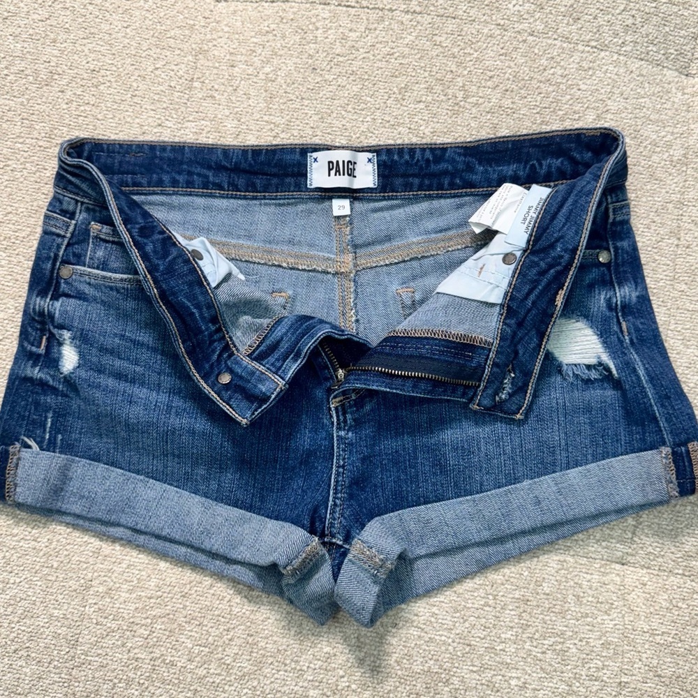 PAIGE Dark Blue Rolled Cuff Distressed Denim Jean Shorts